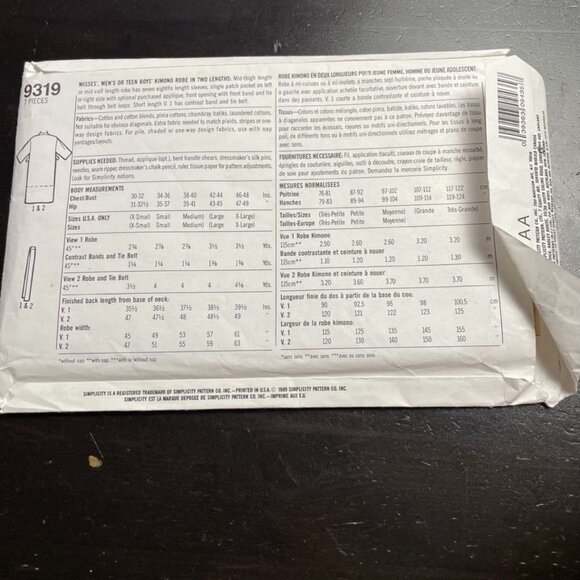 Vintage Simplicity Sewing Pattern 9319 Unisex Kimono Robe Two Lengths OS u - Picture 3 of 4